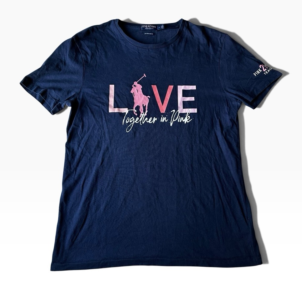 Ralph Lauren Pink Pony T Shirt Womens M Medium Navy 20th Anniversary Love